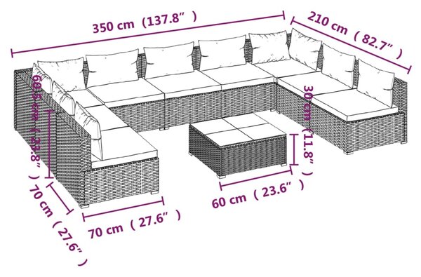 VidaXL Σαλόνι Κήπου Σετ 10 Τεμαχίων Καφέ Συνθετικό Ρατάν με Μαξιλάρια