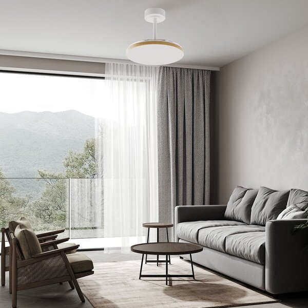 Mantra Iluminación Ανεμιστήρας οροφής LED Slim Mini, λευκό/ξύλο, DC, αθόρυβος, CCT, ρυθμιζόμενος, Λευκό, Σαλόνι / τραπεζαρία, Μέταλλο, σύγχρονο