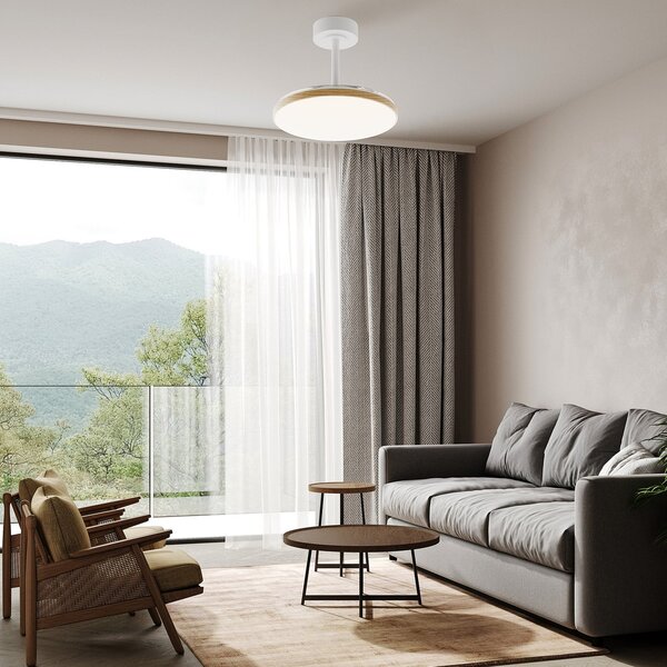 Mantra Iluminación Ανεμιστήρας οροφής LED Slim Mini, λευκό/ξύλο, DC, αθόρυβος, CCT, ρυθμιζόμενος, Λευκό, Σαλόνι / τραπεζαρία, Μέταλλο, σύγχρονο