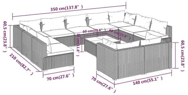 VidaXL Σαλόνι Κήπου Σετ 12 Τεμαχίων Μαύρο Συνθετικό Ρατάν με Μαξιλάρια