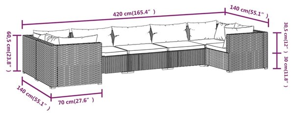 VidaXL Σαλόνι Κήπου Σετ 7 Τεμαχίων Καφέ Συνθετικό Ρατάν με Μαξιλάρια
