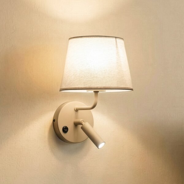 TK Lighting Φωτιστικό τοίχου Maja, άμμος, ύφασμα, φως ανάγνωσης, ύψος 25 cm, ρυθμιζόμενος, Μπεζ, υπνοδωμάτιο, Ύφασμα / Κλωστοϋφαντουργία
