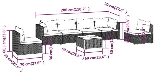 VidaXL Σαλόνι Κήπου 7 Τεμαχίων Μαύρο Συνθετικό Ρατάν με Μαξιλάρια