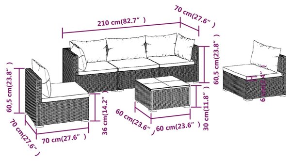 VidaXL Σαλόνι Κήπου Σετ 6 Τεμαχίων Μαύρο Συνθετικό Ρατάν με Μαξιλάρια
