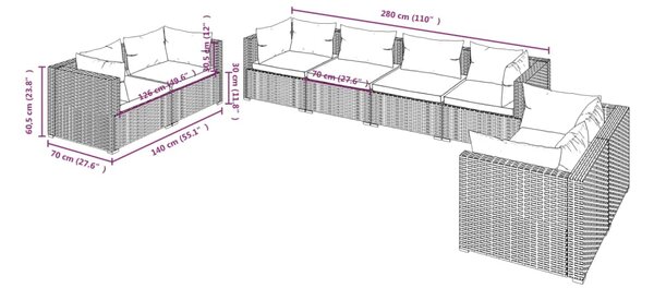 VidaXL Σαλόνι Κήπου Σετ 8 Τεμαχίων Καφέ Συνθετικό Ρατάν με Μαξιλάρια