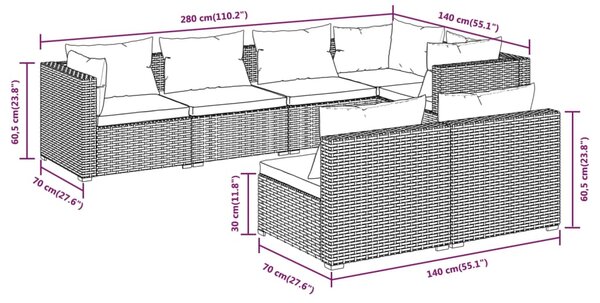 VidaXL Σαλόνι Κήπου Σετ 7 Τεμαχίων Καφέ Συνθετικό Ρατάν με Μαξιλάρια