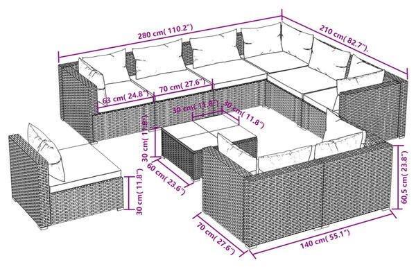 VidaXL Σαλόνι Κήπου Σετ 10 Τεμαχίων Καφέ Συνθετικό Ρατάν με Μαξιλάρια