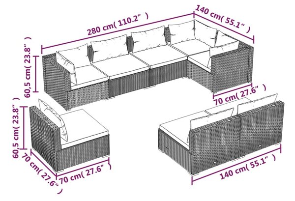 VidaXL Σαλόνι Κήπου Σετ 8 Τεμαχίων Καφέ Συνθετικό Ρατάν με Μαξιλάρια