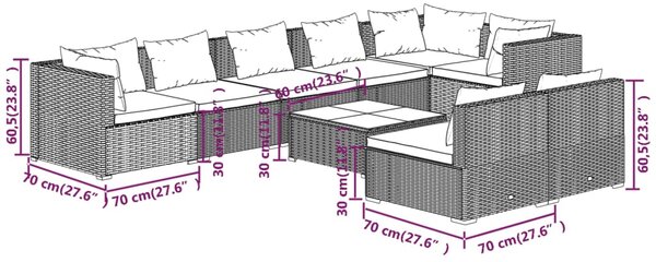 VidaXL Σαλόνι Κήπου Σετ 9 Τεμαχίων Καφέ Συνθετικό Ρατάν με Μαξιλάρια