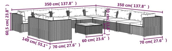 VidaXL Σαλόνι Κήπου 12 Τεμαχίων Μαύρο Συνθετικό Ρατάν με Μαξιλάρια