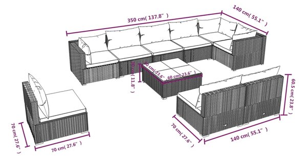 VidaXL Σαλόνι Κήπου Σετ 10 Τεμαχίων Καφέ Συνθετικό Ρατάν με Μαξιλάρια