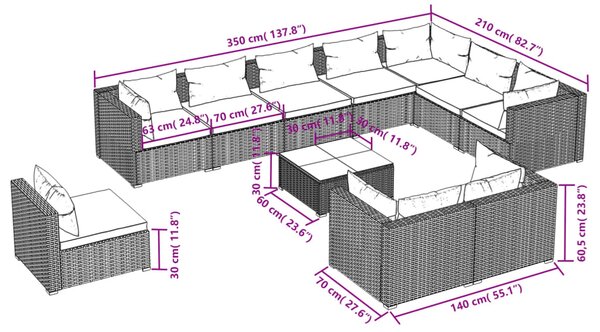 VidaXL Σαλόνι Κήπου Σετ 11 Τεμαχίων Καφέ Συνθετικό Ρατάν με Μαξιλάρια