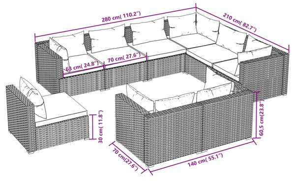 VidaXL Σαλόνι Κήπου 9 Τεμαχίων Καφέ Συνθετικό Ρατάν με Μαξιλάρια