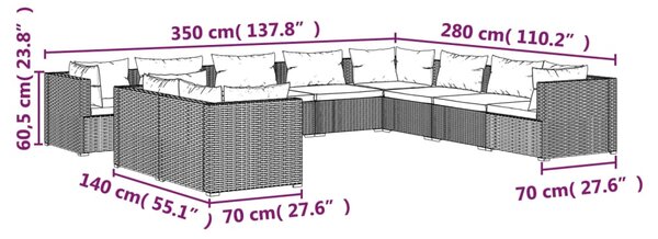 VidaXL Σαλόνι Κήπου Σετ 10 Τεμαχίων Καφέ Συνθετικό Ρατάν με Μαξιλάρια