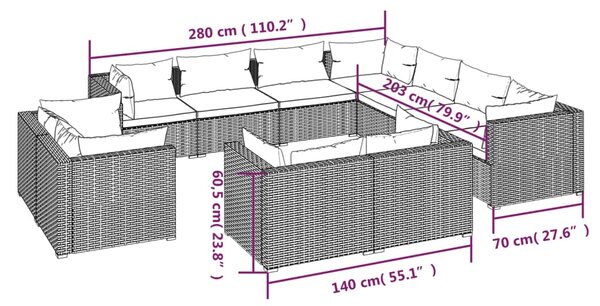 VidaXL Σαλόνι Κήπου 11 Τεμαχίων Μαύρο Συνθετικό Ρατάν με Μαξιλάρια