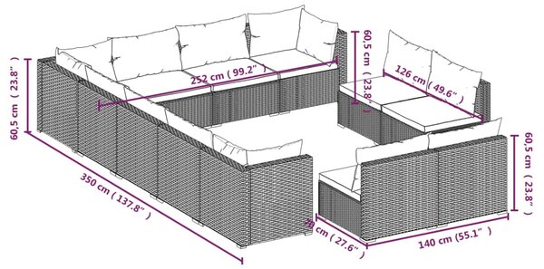 VidaXL Σαλόνι Κήπου 12 Τεμαχίων Μαύρο από Συνθετικό Ρατάν με Μαξιλάρια