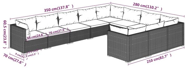 VidaXL Σαλόνι Κήπου Σετ 10 Τεμαχίων Καφέ Συνθετικό Ρατάν με Μαξιλάρια