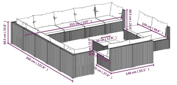 VidaXL Σαλόνι Κήπου 14 Τεμαχίων Καφέ από Συνθετικό Ρατάν με Μαξιλάρια