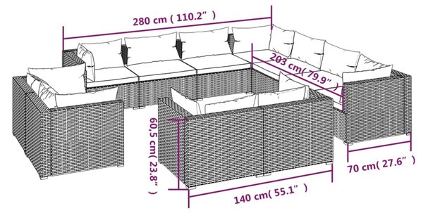 VidaXL Σαλόνι Κήπου 11 Τεμαχίων Καφέ Συνθετικό Ρατάν με Μαξιλάρια