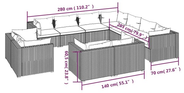 VidaXL Σαλόνι Κήπου Σετ 11 Τεμαχίων Μαύρο Συνθετικό Ρατάν με Μαξιλάρια