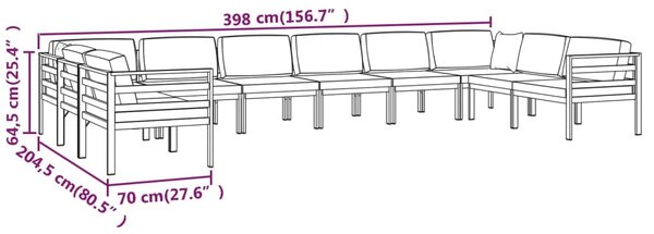 VidaXL Σαλόνι Κήπου 10 Τεμαχίων Ανθρακί Αλουμινίου με Μαξιλάρια
