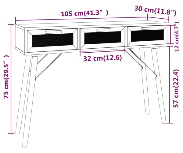 VidaXL Τραπέζι Κονσόλα Μαύρο 105x30x75 εκ. Μασίφ Πεύκο & Φυσικό Ρατάν