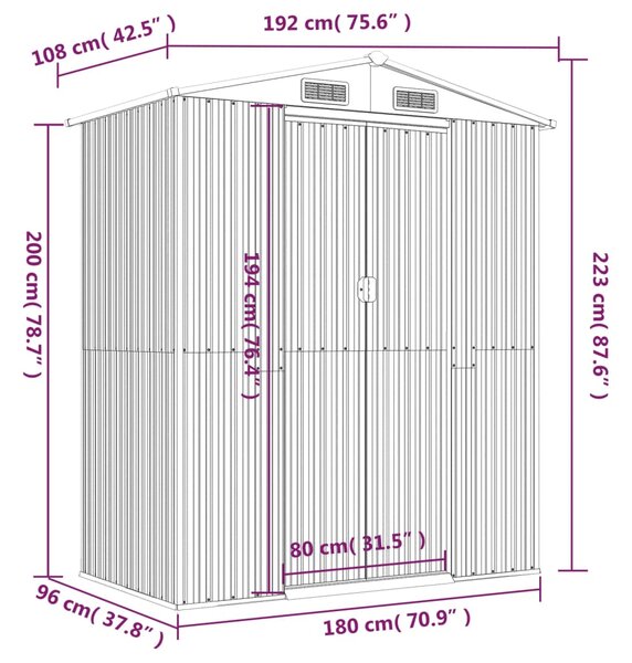 VidaXL Αποθήκη Κήπου Ανθρακί 192x108x223 εκ. Γαλβανισμένο Ατσάλι