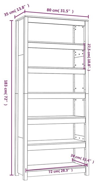 VidaXL Βιβλιοθήκη Μαύρη 80x35x183 εκ. από Μασίφ Ξύλο Πεύκου