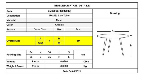 ΤΡΑΠΕΖΑΚΙ ΒΟΗΘΗΤΙΚΟ Ravel EM939 D. 50 H.58cm