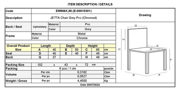 Καρέκλα Jetta-I Χρώμιο/PVC Γκρι Συσκ.6τμχ 40x50x95cm