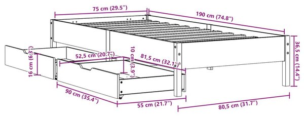 Σκελετός Κρεβατιού Χωρίς Στρώμα 75x190 εκ Μασίφ Ξύλο Πεύκου - Καφέ