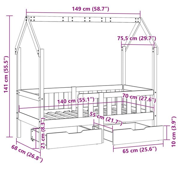 Πλαίσιο Παιδικού Κρεβατιού με Συρτάρια Χωρίς Στρώμα Μασίφ Ξύλο - Καφέ