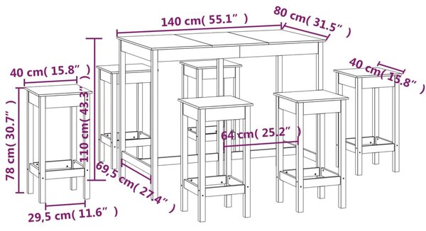 VidaXL Σετ Επίπλων Μπαρ 7 Τεμαχίων Μελί Καφέ από Μασίφ Ξύλο Πεύκου