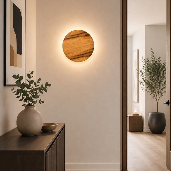 Elobra Φωτιστικό τοίχου LED Havana M, ξύλο δρυός/μέταλλο, Ø 34 cm, IP44, Ξύλου, Μπάνιο, Ξύλο