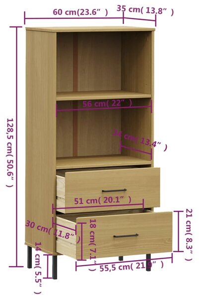 VidaXL Βιβλιοθήκη OSLO με 2 Συρτάρια Καφέ 60x35x128,5 εκ. Μασίφ Ξύλο