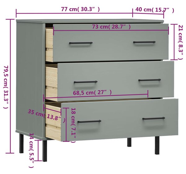 VidaXL Ντουλάπι OSLO με 3 Συρτάρια Γκρι 77x40x79,5 εκ. Μασίφ Ξύλο