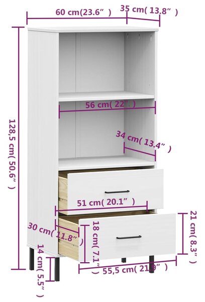 VidaXL Βιβλιοθήκη OSLO με 2 Συρτάρια Λευκή 60x35x128,5 εκ. Μασίφ Ξύλο