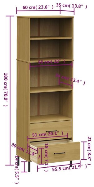 VidaXL Βιβλιοθήκη OSLO με 2 Συρτάρια Καφέ 60x35x180 εκ. Μασίφ Ξύλο