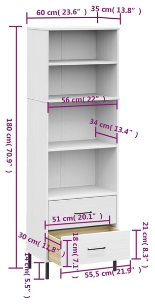 VidaXL Βιβλιοθήκη OSLO με 2 Συρτάρια Λευκή 60x35x180 εκ. Μασίφ Ξύλο