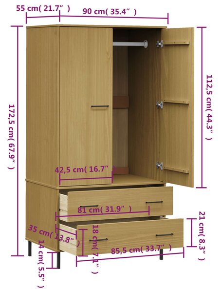 VidaXL Ντουλάπα OSLO Καφέ 90x55x172,5 εκ. Μασίφ Ξύλο με Μετ. Πόδια