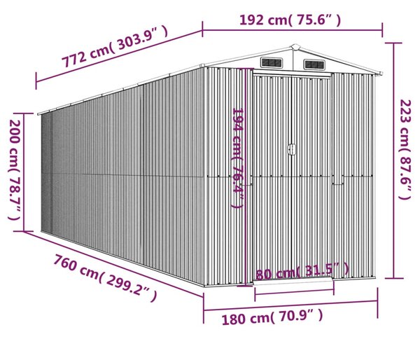 VidaXL Αποθήκη Κήπου Ανοιχτό γκρι 192x772x223 εκ. Γαλβανισμένο Ατσάλι