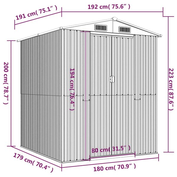 VidaXL Αποθήκη Κήπου Ανοιχτό γκρι 192x191x223 εκ. Γαλβανισμένο Ατσάλι