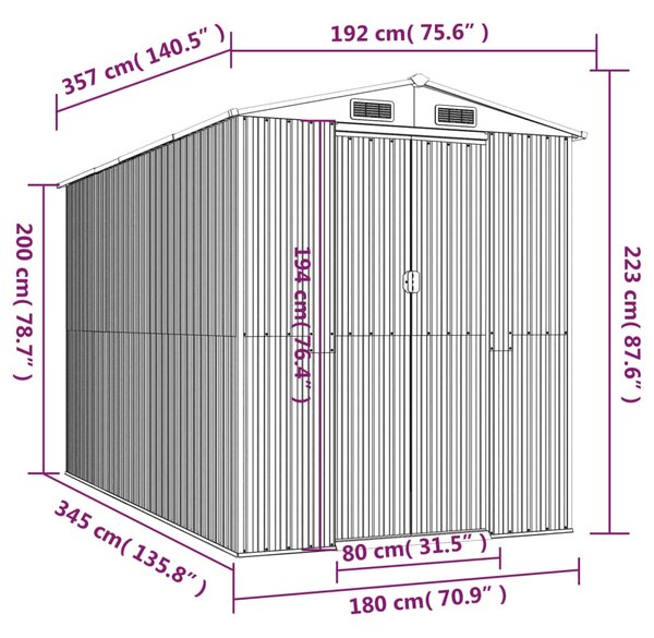 VidaXL Αποθήκη Κήπου Ανθρακί 192x357x223 εκ. Γαλβανισμένο Ατσάλι