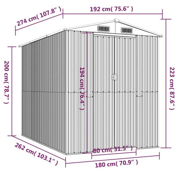 VidaXL Αποθήκη Κήπου Ανοιχτό γκρι 192x274x223 εκ. Γαλβανισμένο Ατσάλι