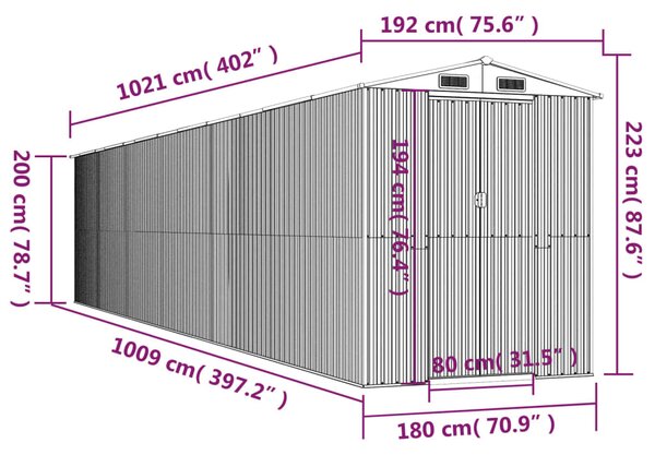 VidaXL Αποθήκη Κήπου Ανοιχτό γκρι 192x1021x223 εκ. Γαλβανισμένο Ατσάλι