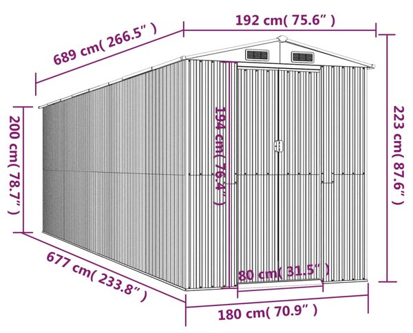 VidaXL Αποθήκη Κήπου Ανοιχτό γκρι 192x689x223 εκ. Γαλβανισμένο Ατσάλι