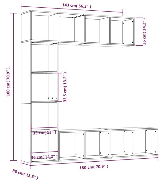 VidaXL Σετ Επίπλων Τηλ. / Βιβλιοθήκης 3Τεμ 180x30x180εκ Γκρι Sonoma