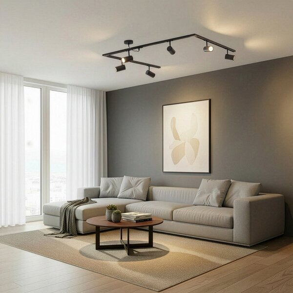 Lindby Σύστημα ράγας Linaro, GU10, 6 φτερά, μαύρο, σχήμα C, Μαύρο, Σαλόνι / τραπεζαρία, Αλουμίνιο, σύγχρονο