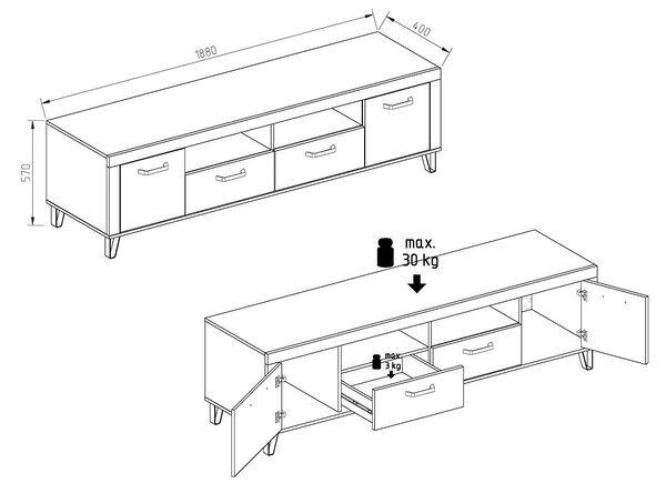 Ξύλινο Έπιπλο Τηλεόρασης ANTRONE Light Artwood/Anthracite Μ188xΠ40×Υ57