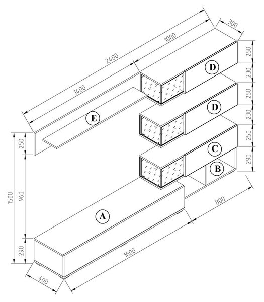 Σύνθετο Σαλονιού REGINA Μαύρο-Artizan Oak Μ240xΒ40xΥ150εκ